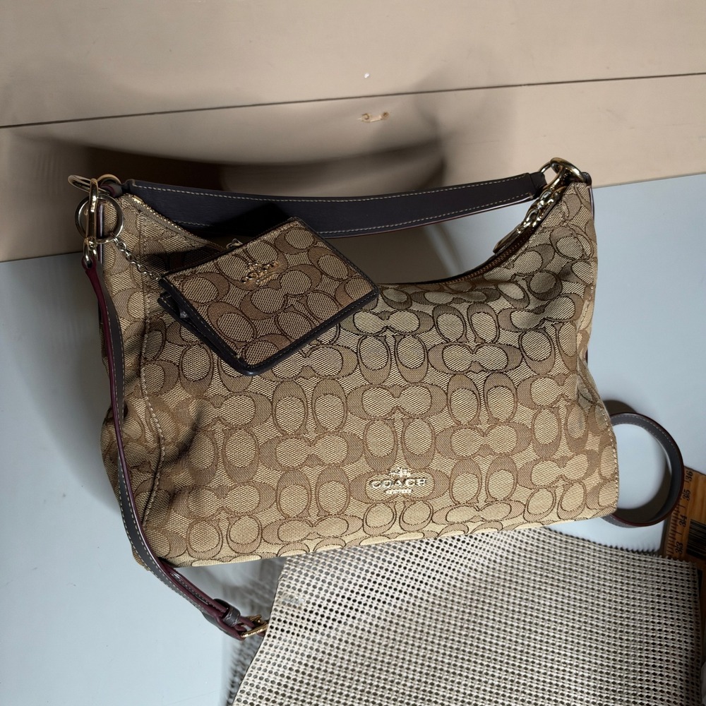 Coach Signature Celeste Hobo Bag Khaki Saddle F58284 with Matching Card Case